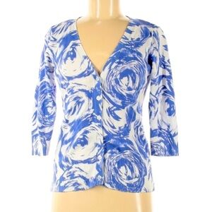 AB Studio paint stroke Rose swirl cardigan v neck sweater blue women’s medium
